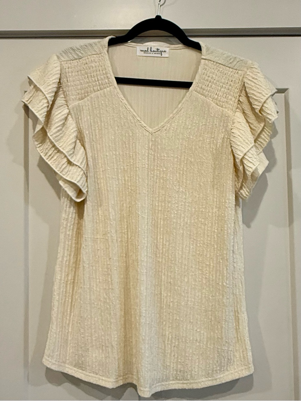 Neutral Ruffle Sleeve V-Neck Blouse
